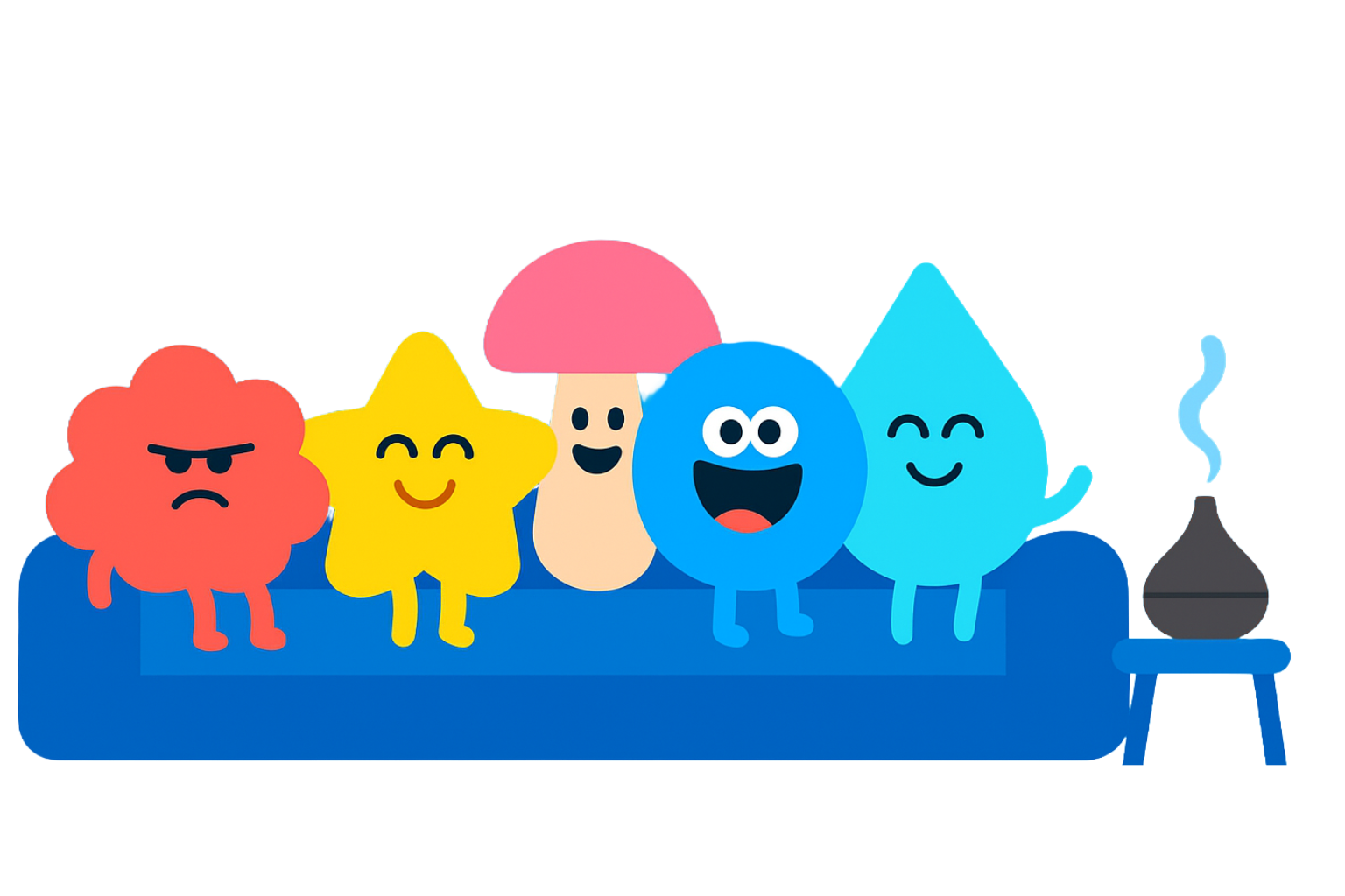Friendly cartoon characters sitting on a blue couch